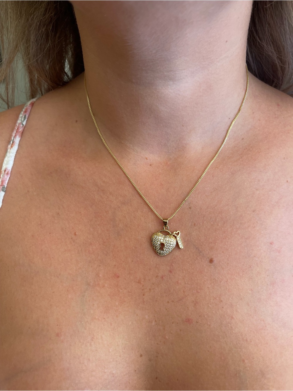 Gold Tone Heart Lock Pendant Necklace - Sparkling Pavé Charm